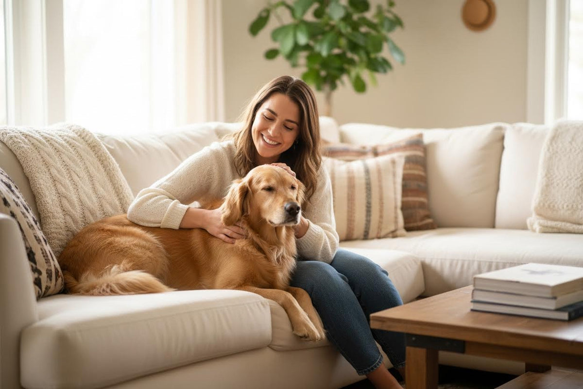 Happy owner cuddling her healthy dog on the couch at home